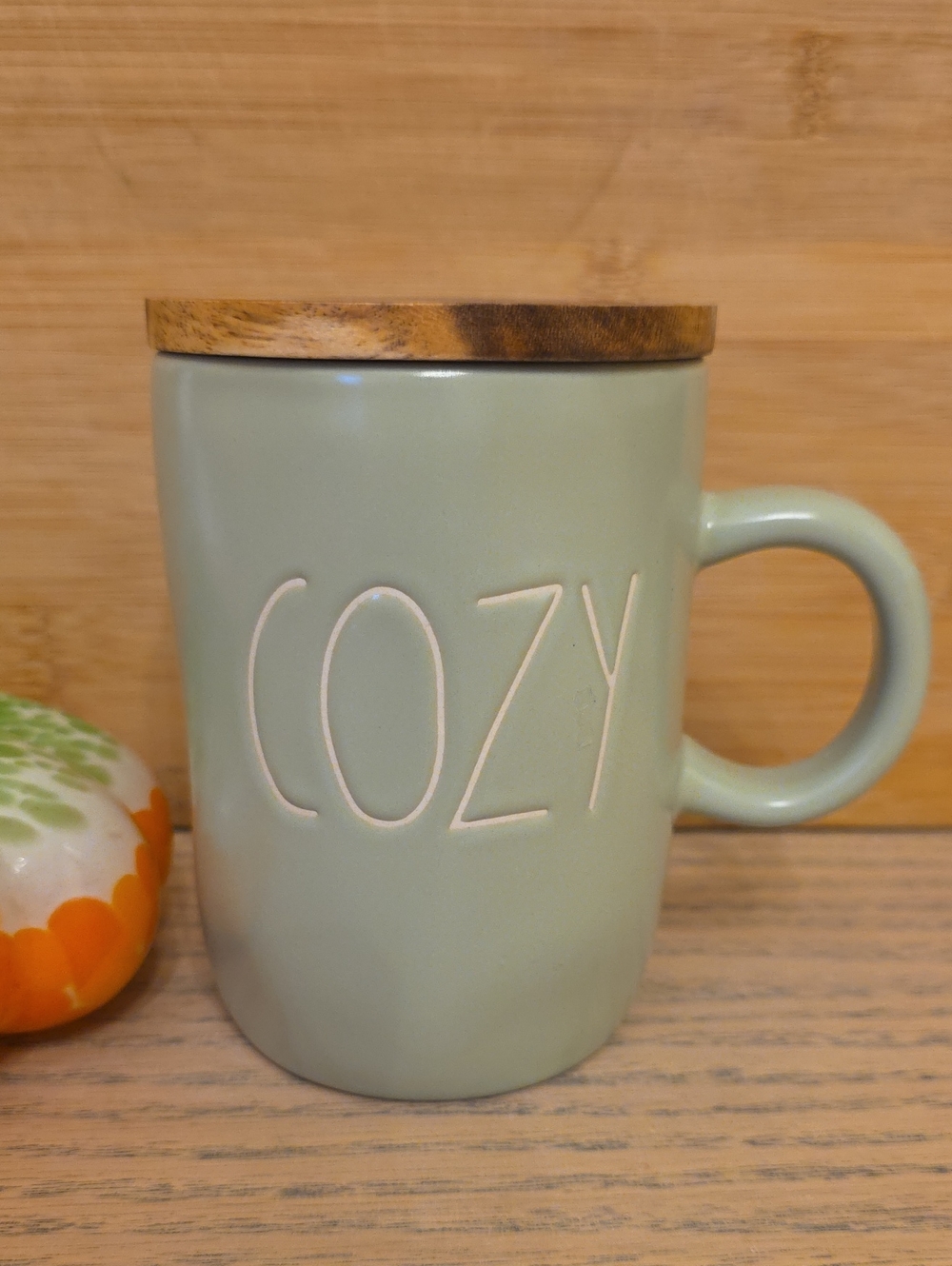 Rae Dunn Sage Green "COZY" Ceramic Mug with Wood Lid